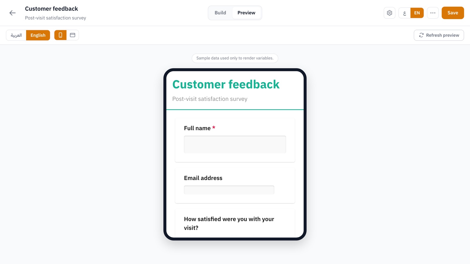 The live preview of a form at phone size