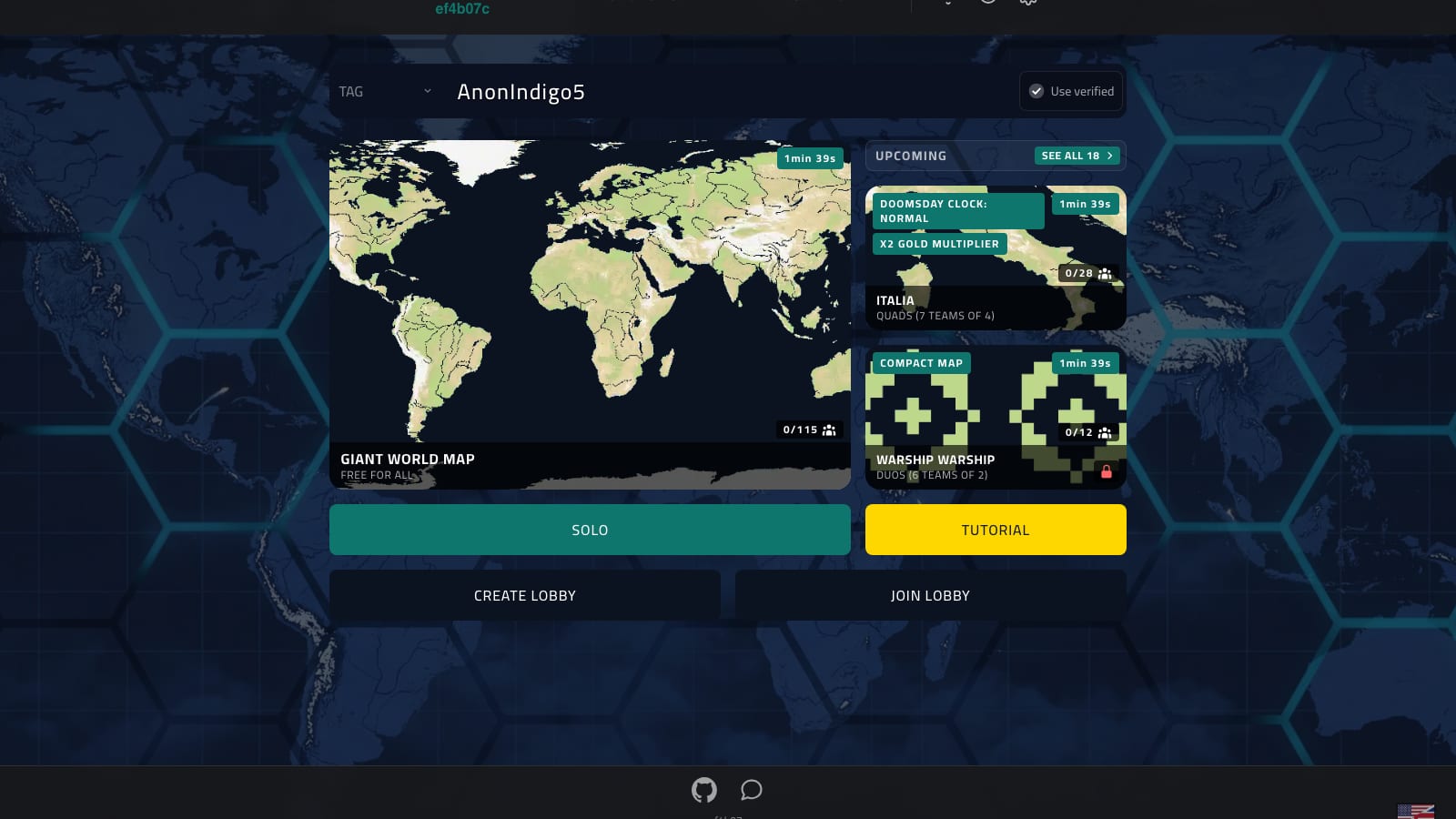 The Siyada main menu with a world map and the list of upcoming lobbies